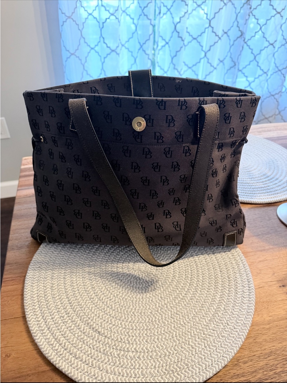 Black Tote Bag with Subtle Monogram Pattern